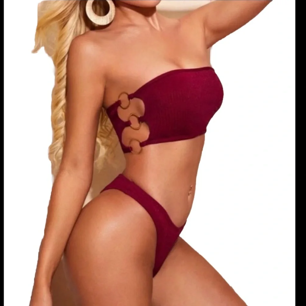 Bandeau Bikini Top W/ 3 Rings On Each Side  High Rise Bikini Bottoms Swimsuit